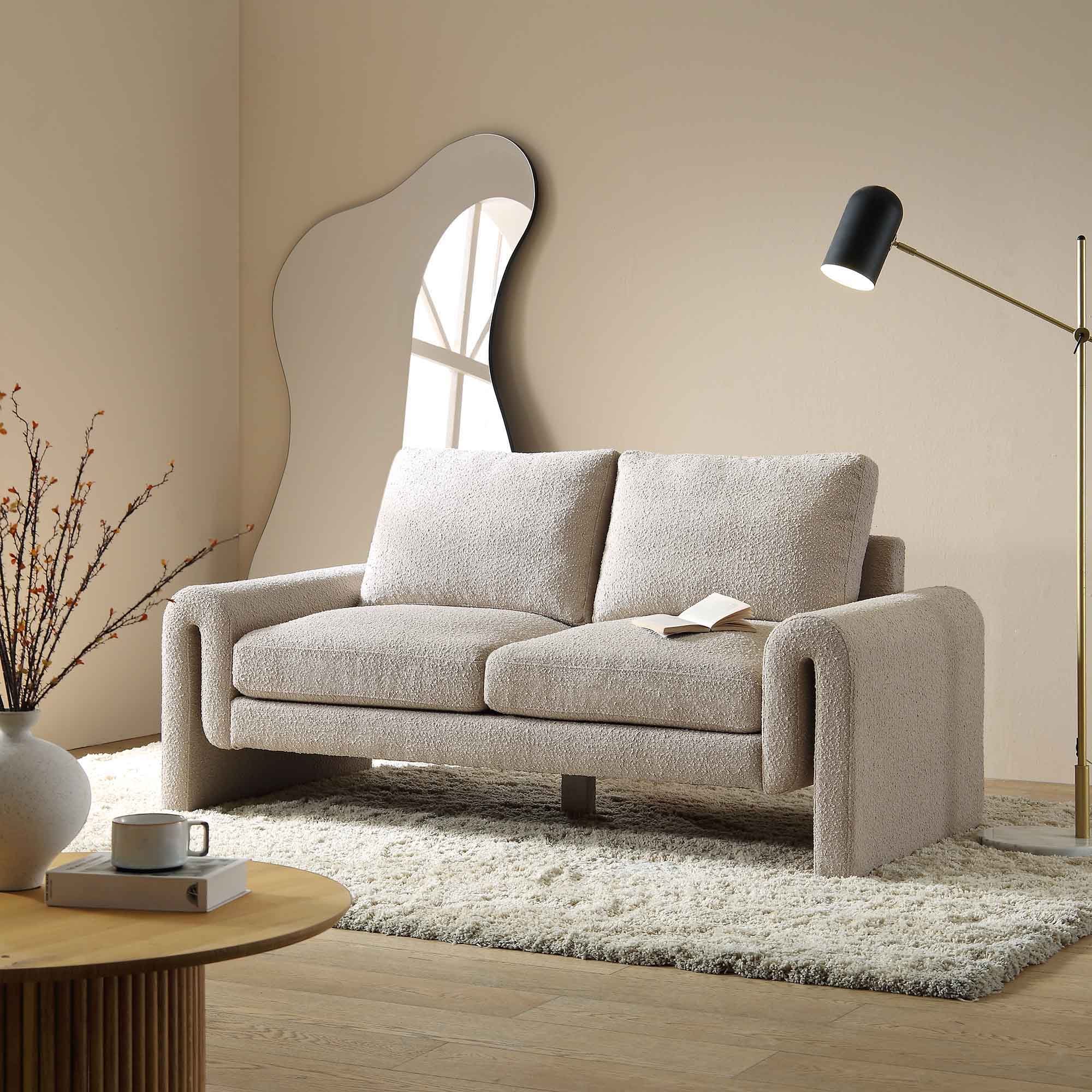 Curved 2-Seater Sofa in Taupe Boucle Fabric