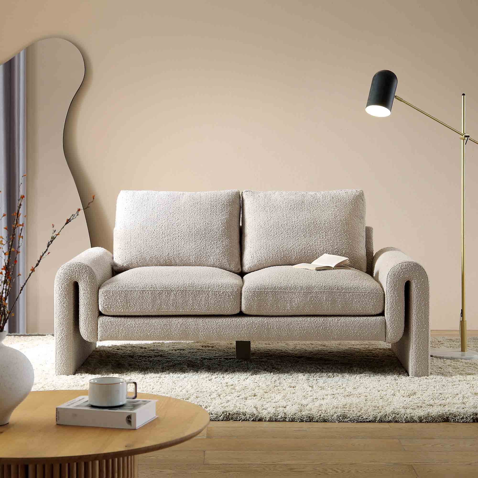 Curved 2-Seater Sofa in Taupe Boucle Fabric