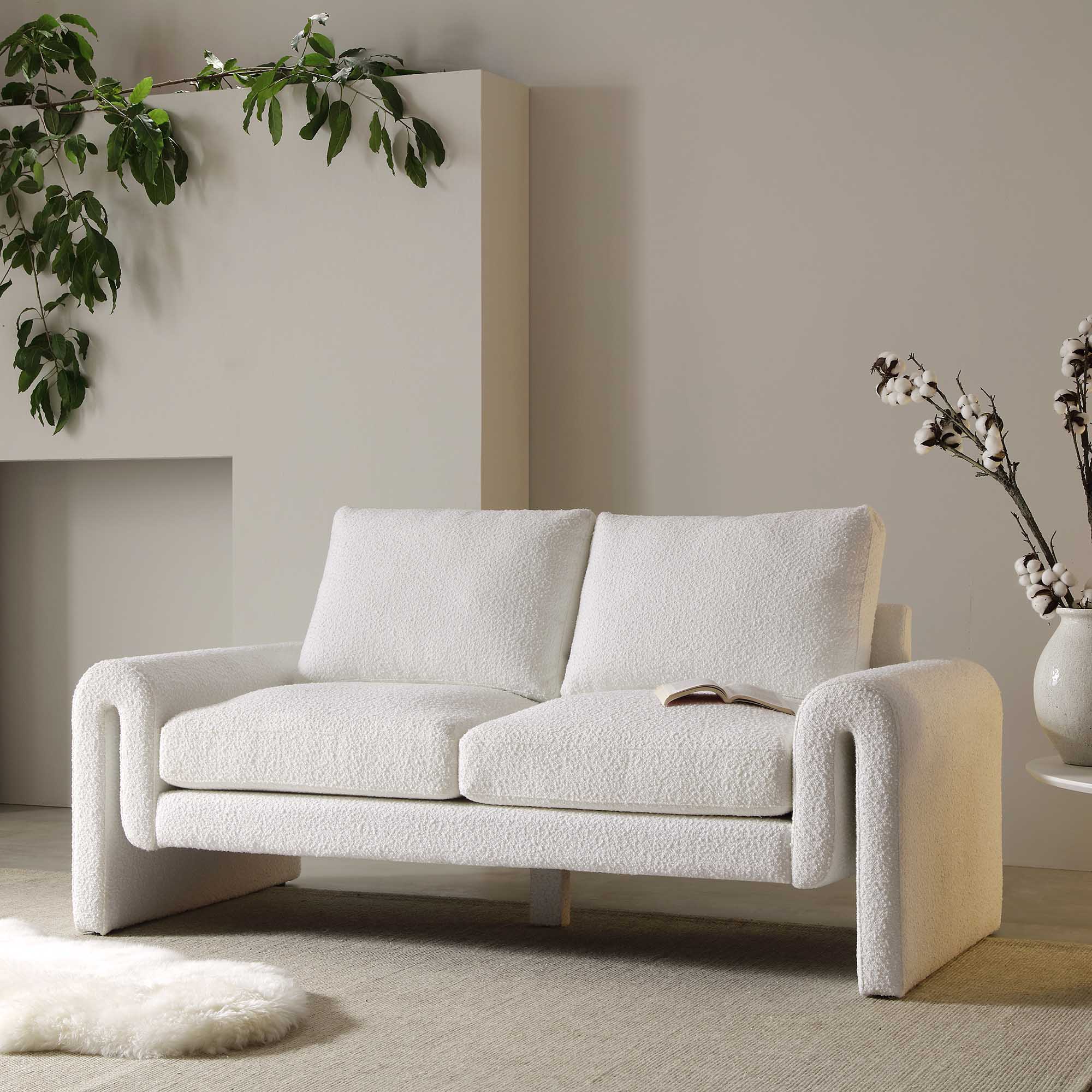 Curved 2-Seater Sofa in White Boucle Fabric