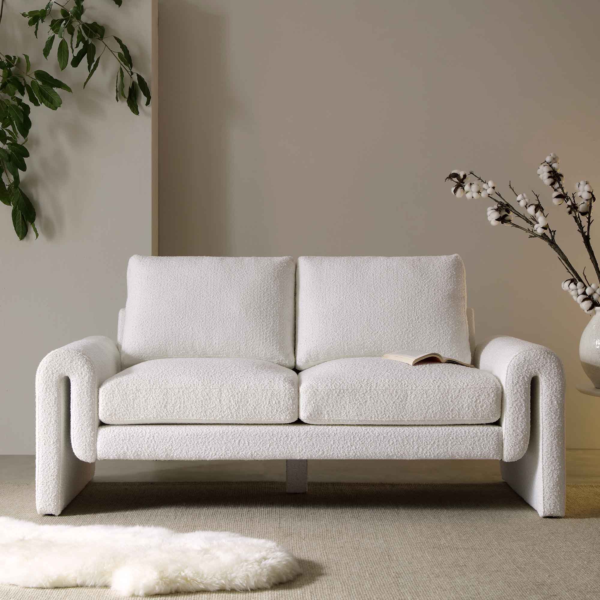 Curved 2-Seater Sofa in White Boucle Fabric