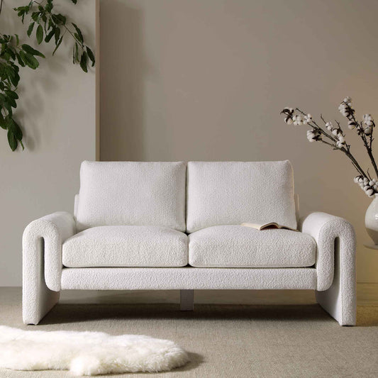 Curved 2-Seater Sofa in White Boucle Fabric
