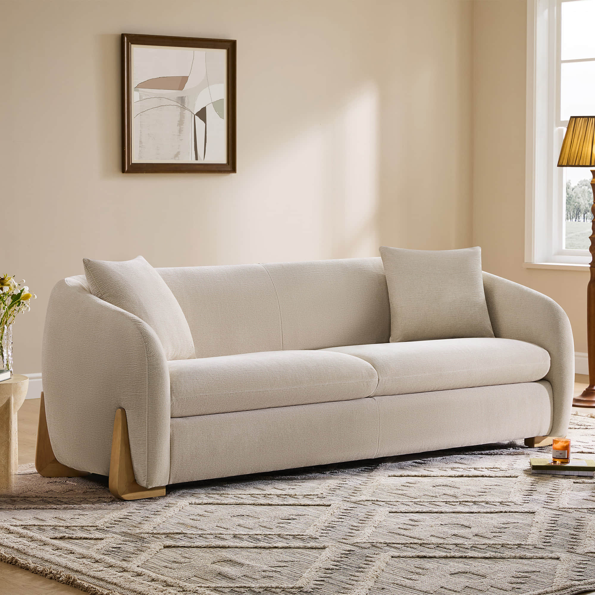 Curved Chenille Sofa with Solid Birch Wood Legs