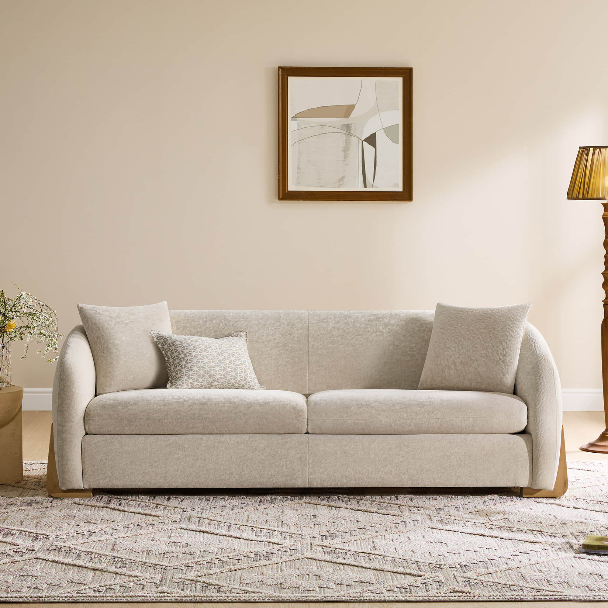 Curved Chenille Sofa with Solid Birch Wood Legs