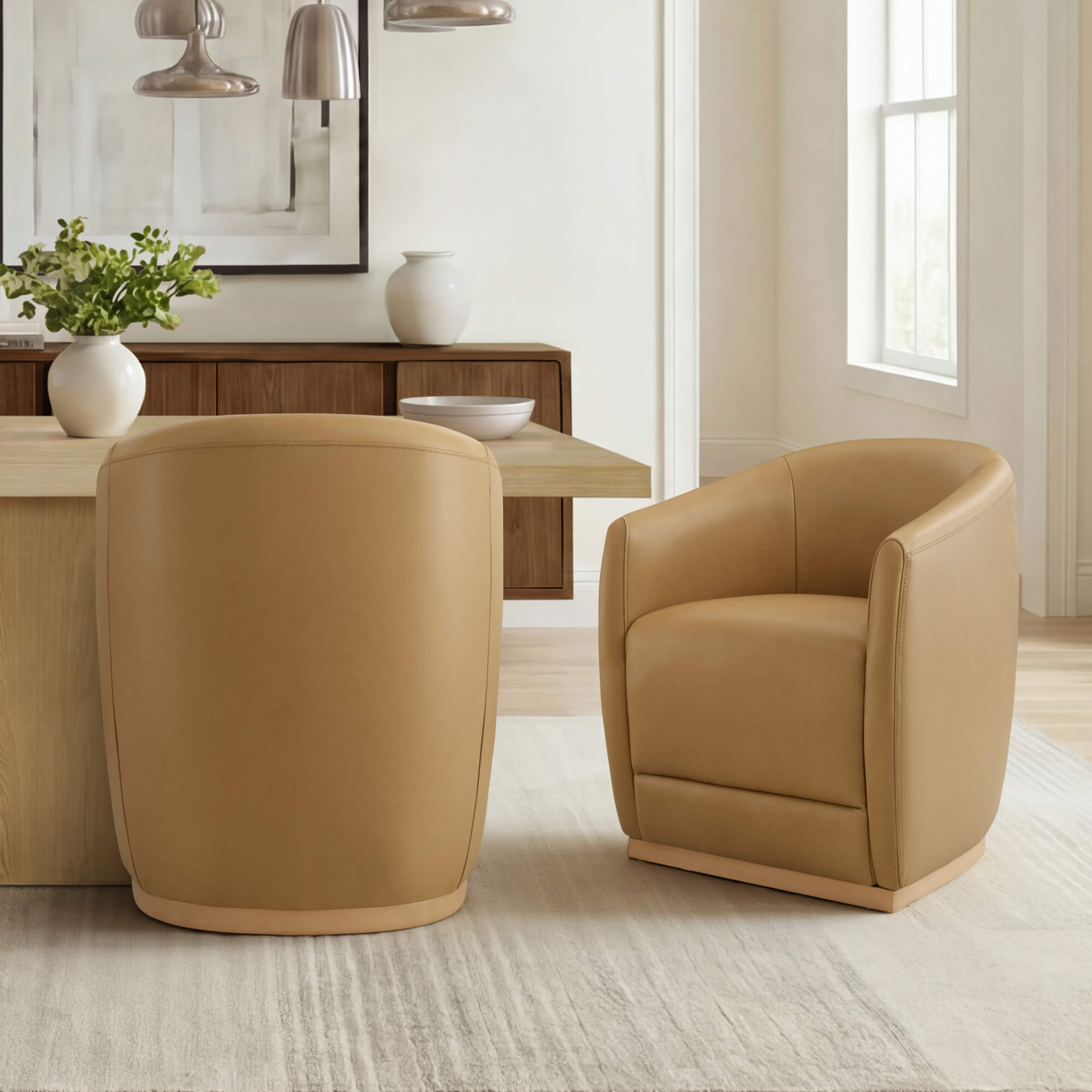 Curved Genuine Leather Dining Chair Set of 2