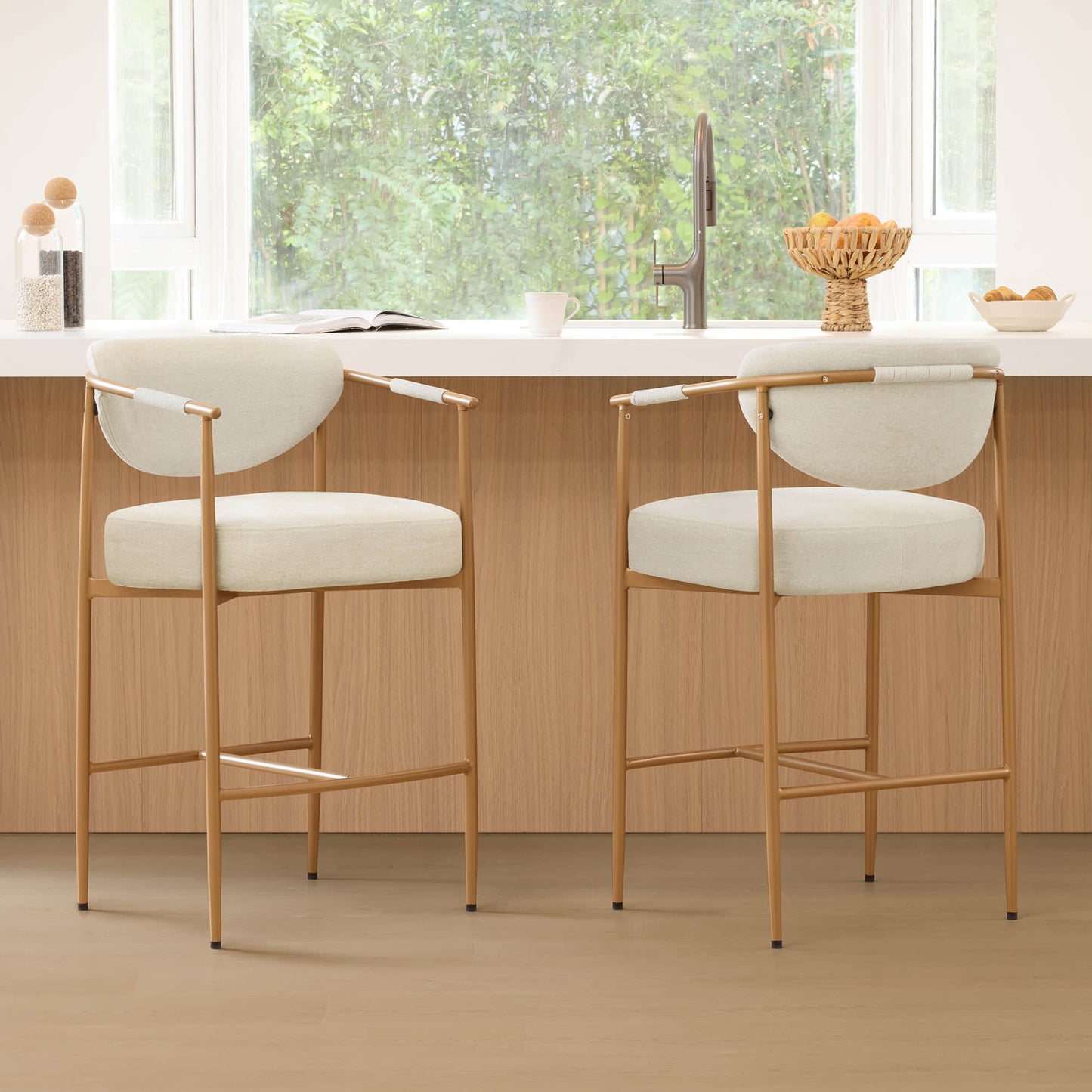 Curved Hand-Woven Counter Stool in Jade Green