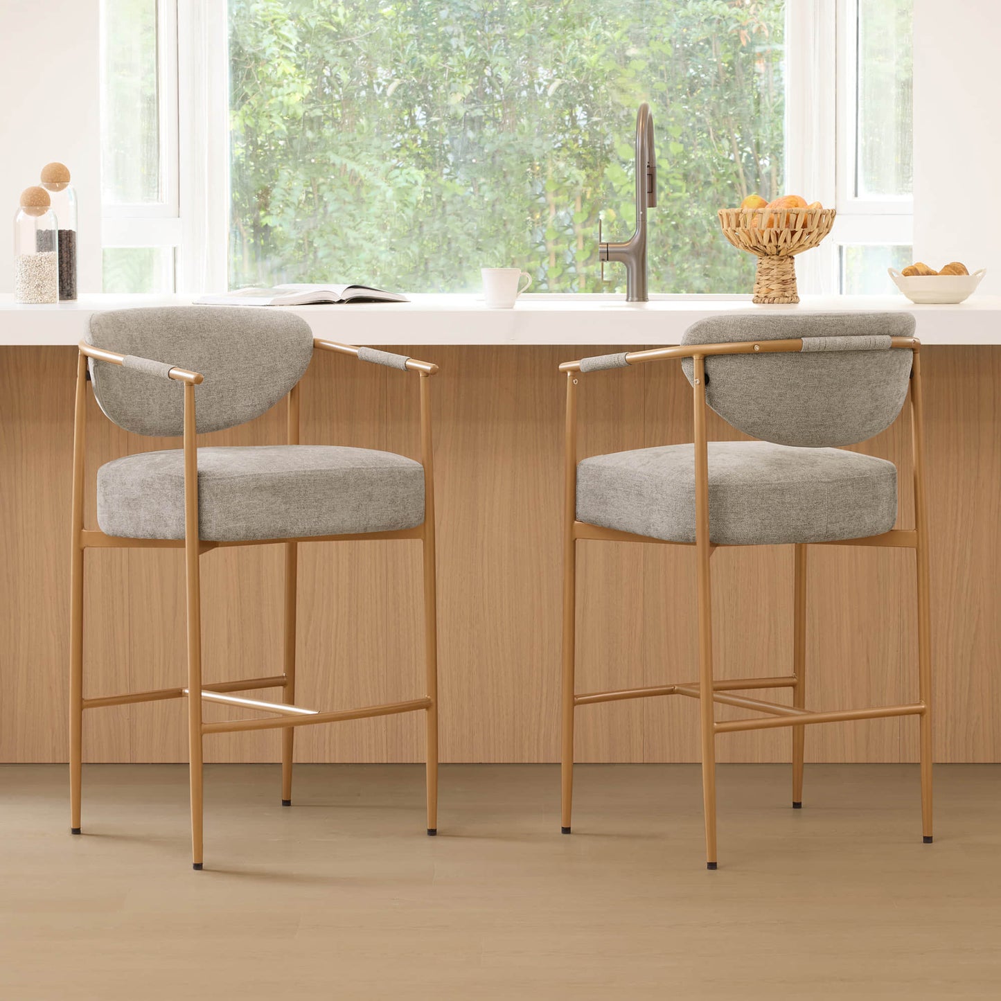 Curved Hand-Woven Counter Stool in Jade Green
