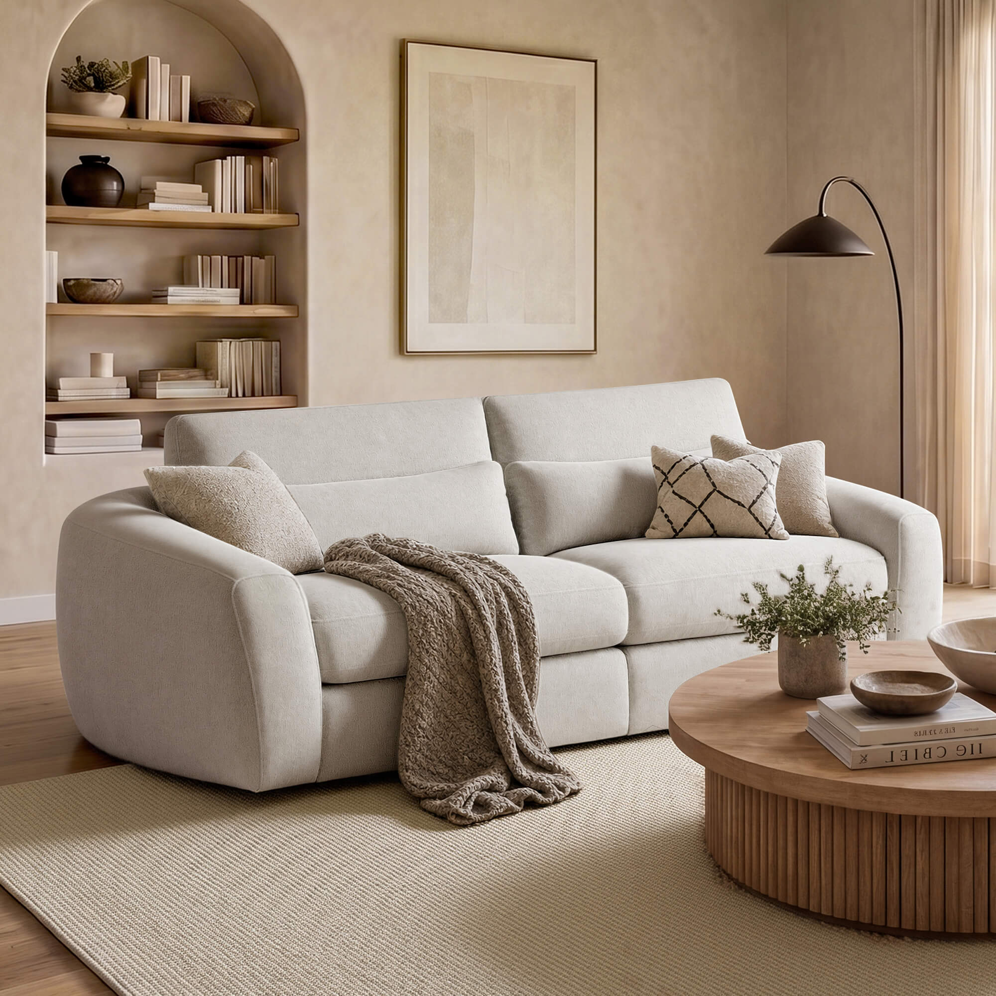 Curved Plush 2-Seater Sofa in Soft Grey Fabric