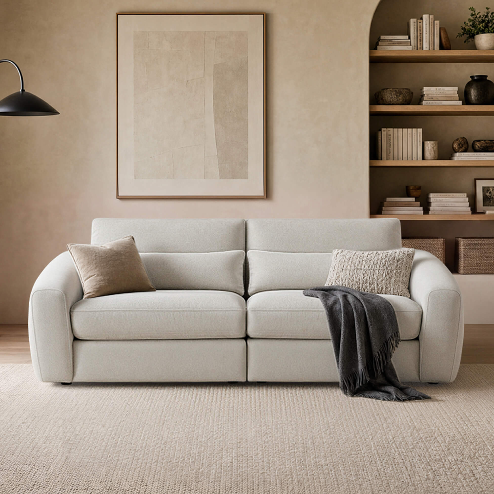 Curved Plush 2-Seater Sofa in Soft Grey Fabric