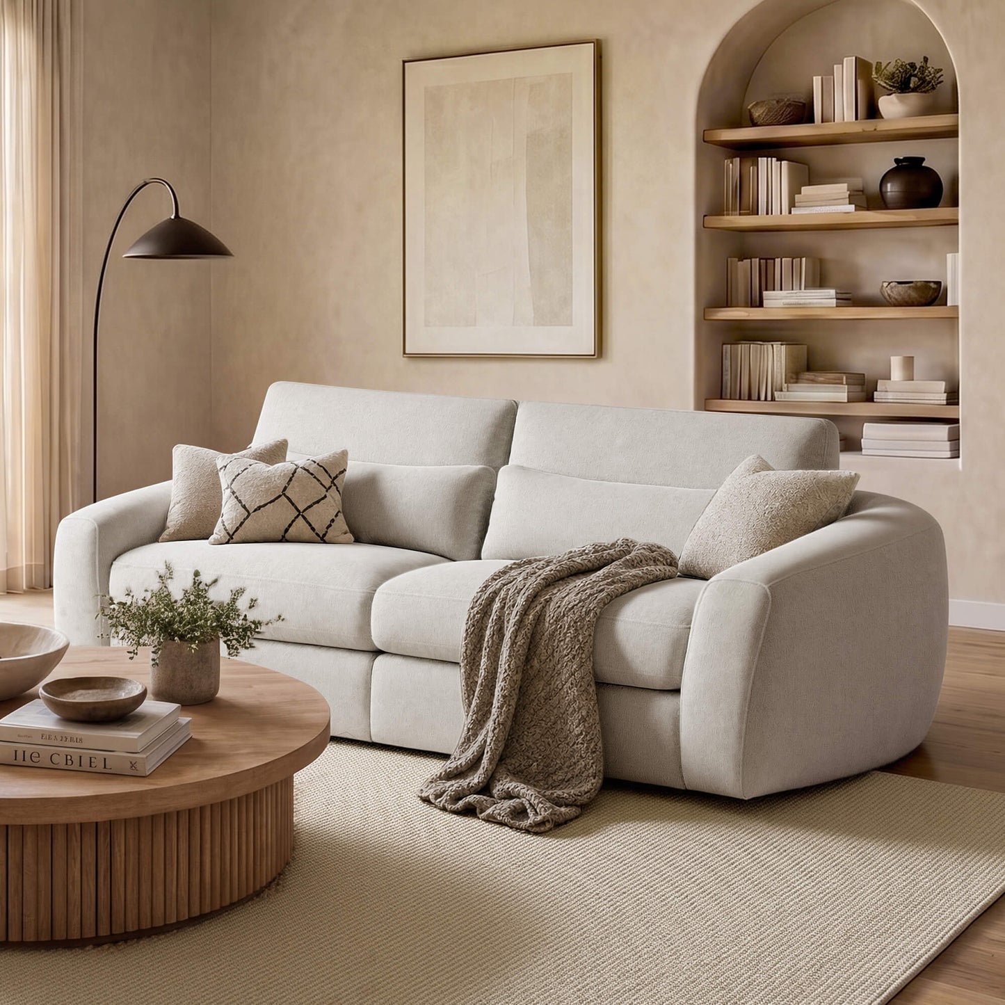 Curved Plush 2-Seater Sofa in Soft Grey Fabric