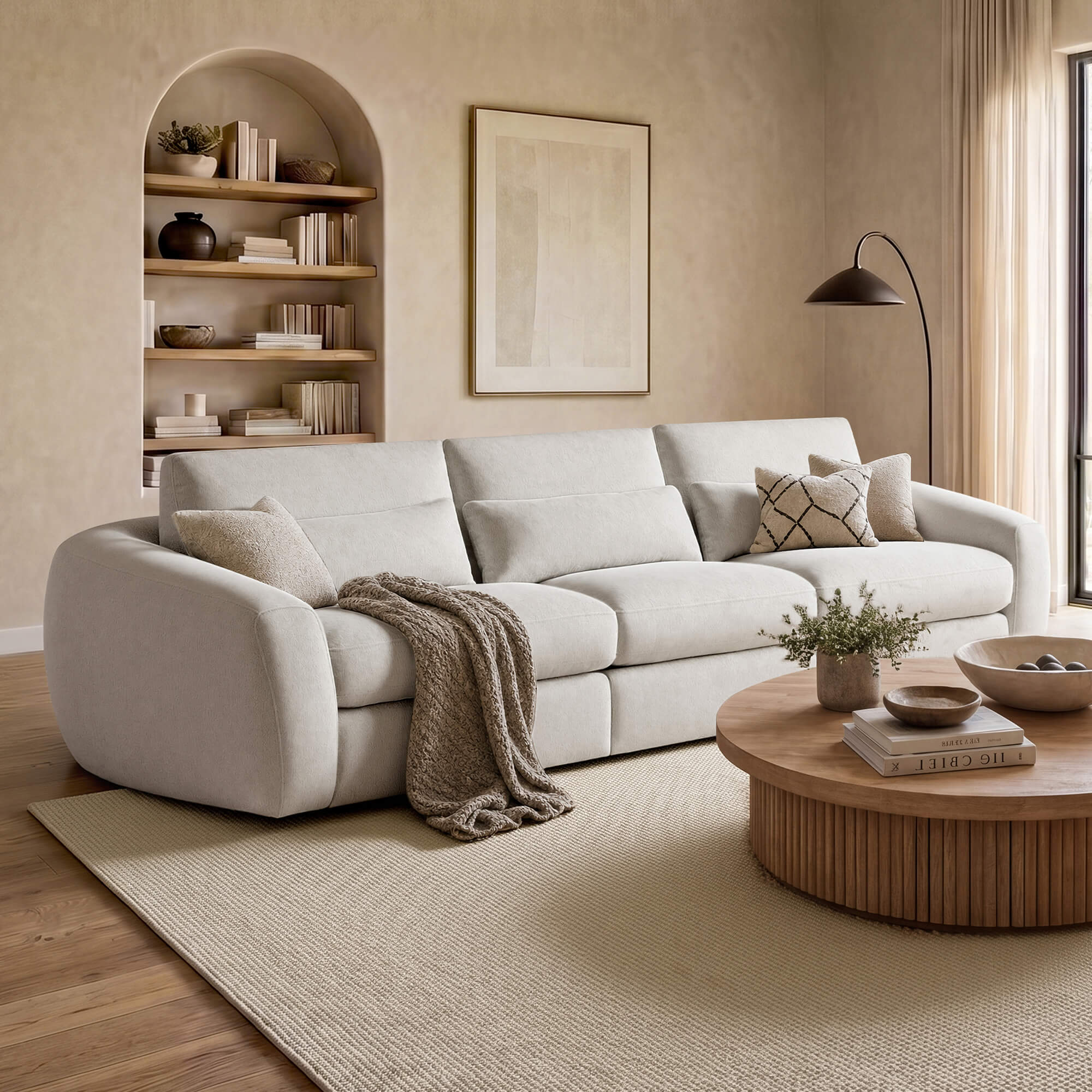 Curved Plush 3-Seater Sofa in Soft Beige Fabric