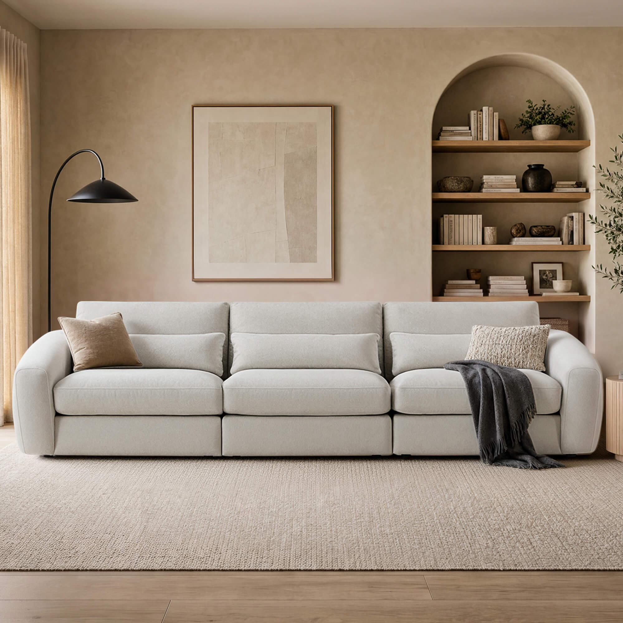 Curved Plush 3-Seater Sofa in Soft Beige Fabric