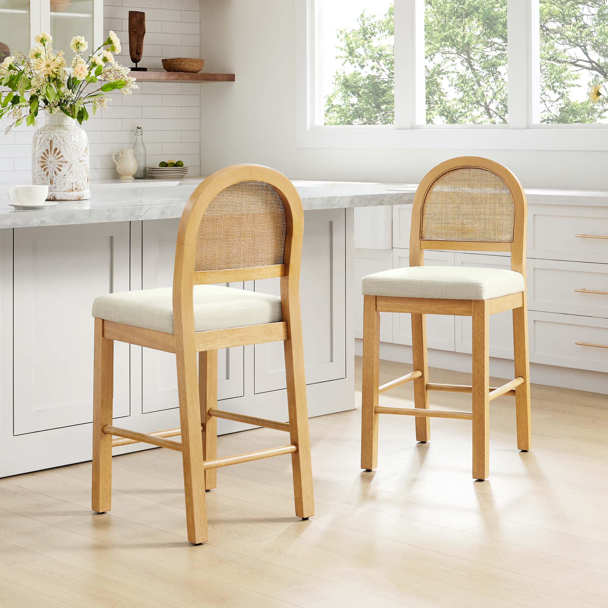 Curved Rattan Counter Stool with Performance Fabric