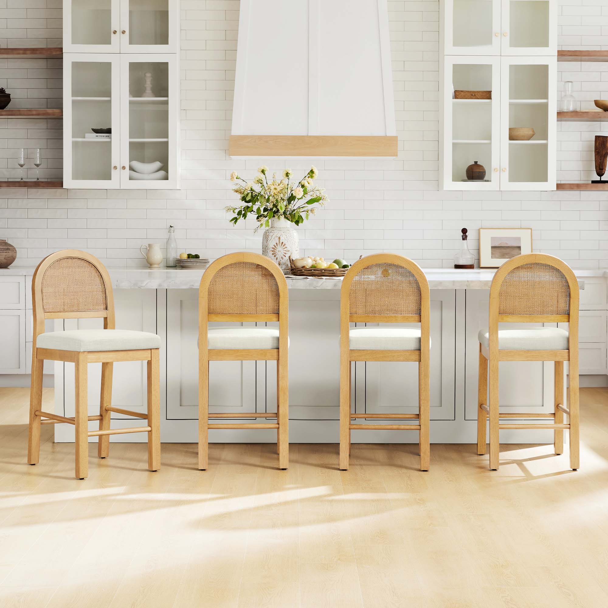 Curved Rattan Counter Stool with Performance Fabric