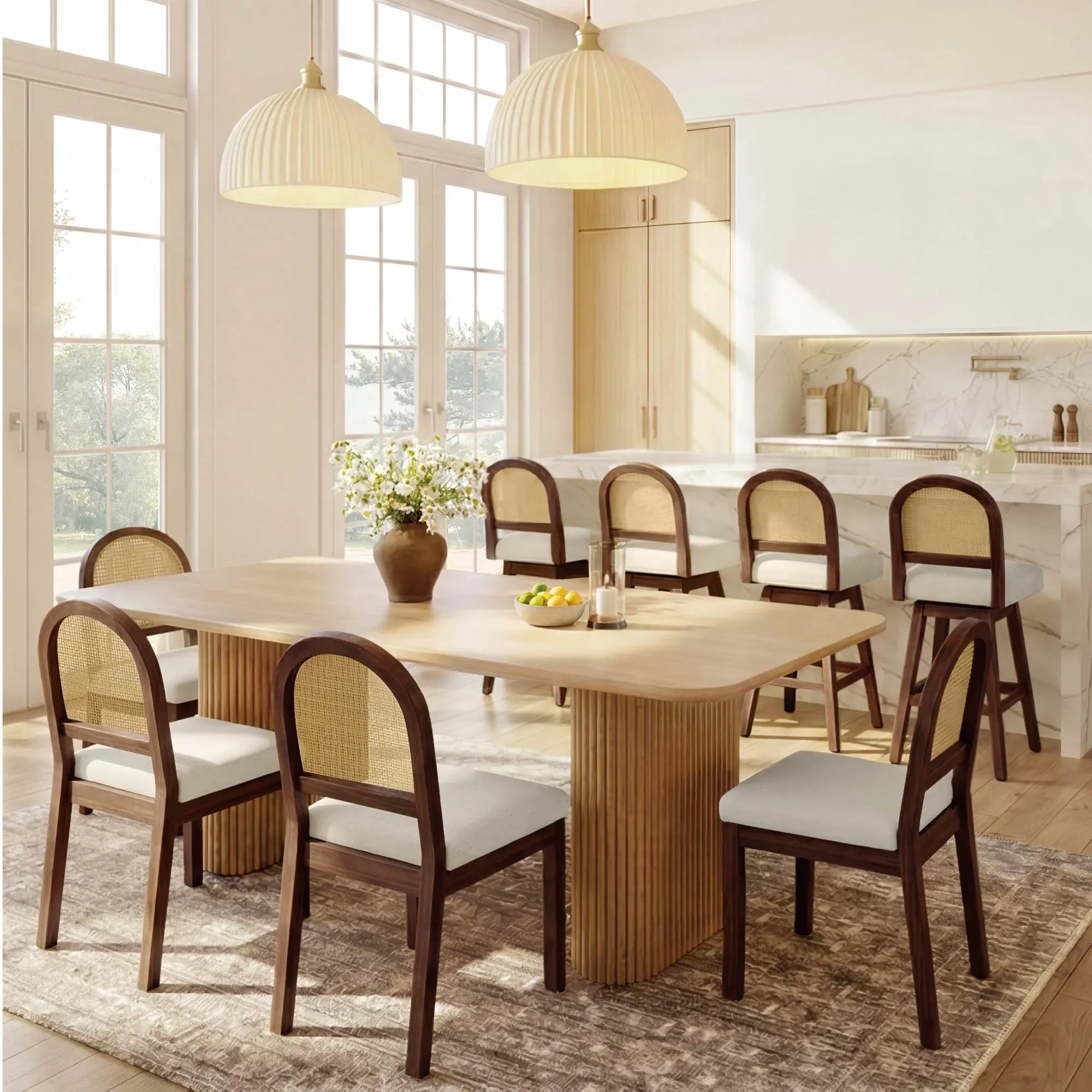 Curved Rattan Dining Chair Set of 2 with Upholstery