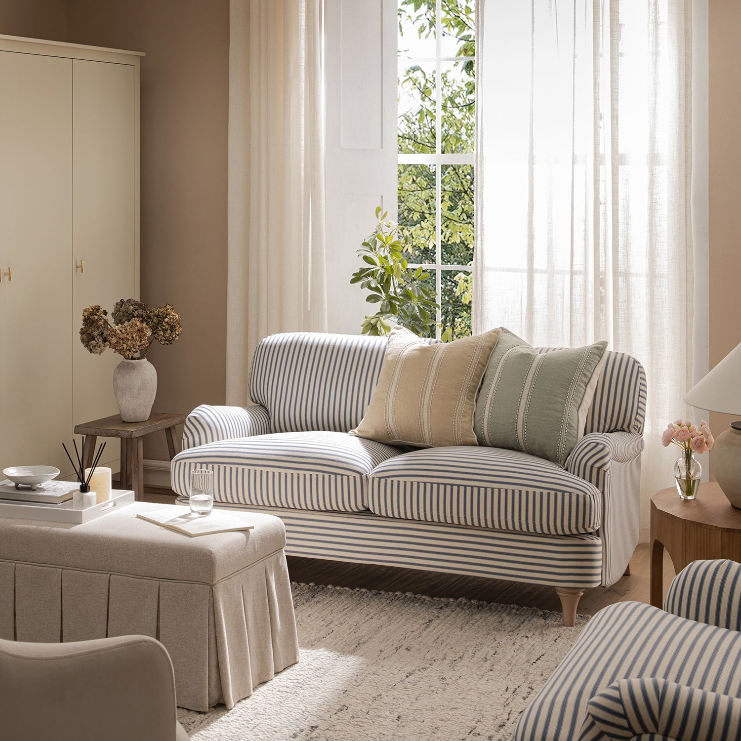 Daphnis Blue Striped Linen Blend 2-Seater Sofa