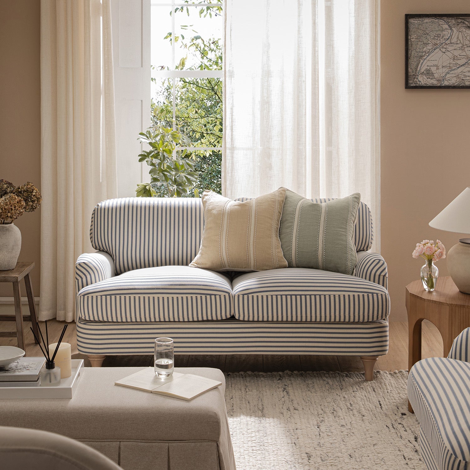 Daphnis Blue Striped Linen Blend 2-Seater Sofa
