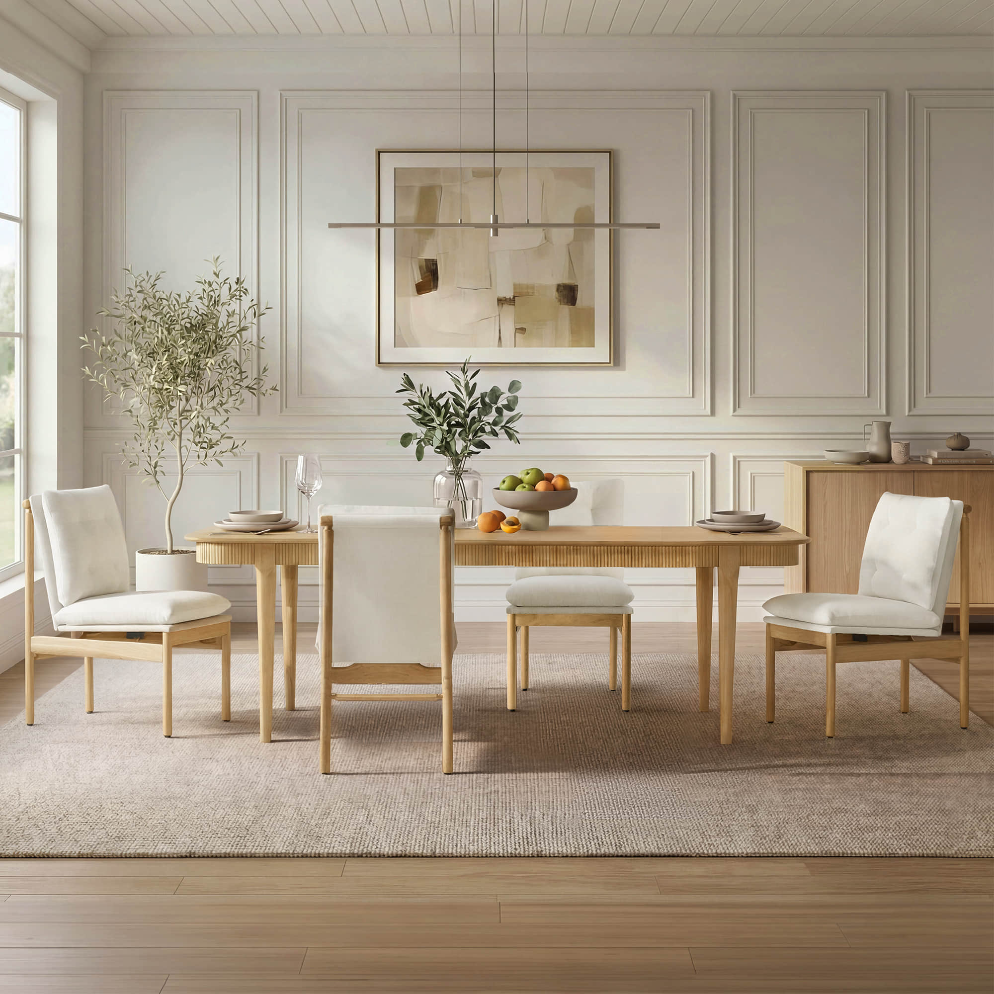 Dining Table Set in Fluted Wood for 4-6, 64.6" Rectangular