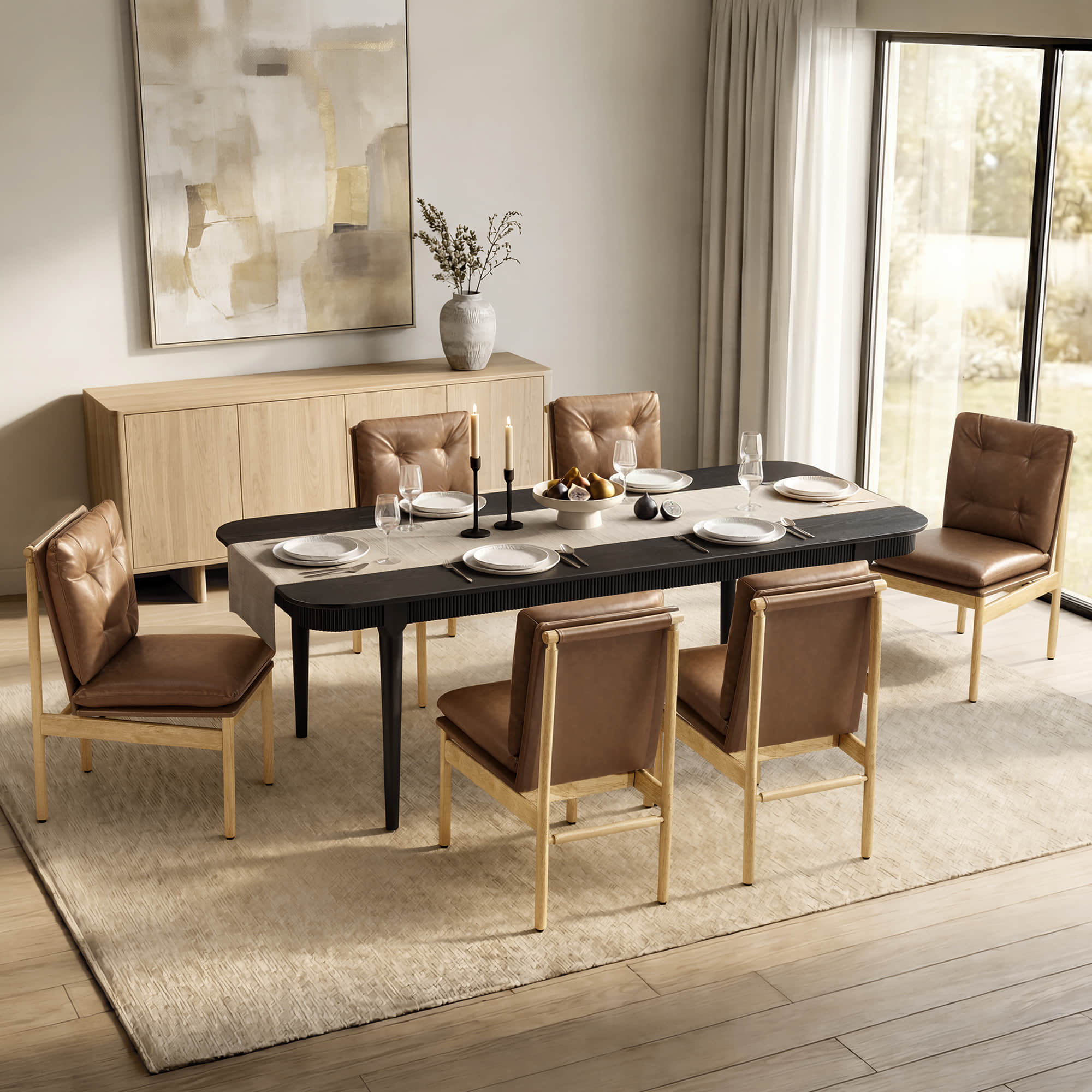 Dining Table Set in Fluted Wood for 4-6, 64.6" Rectangular