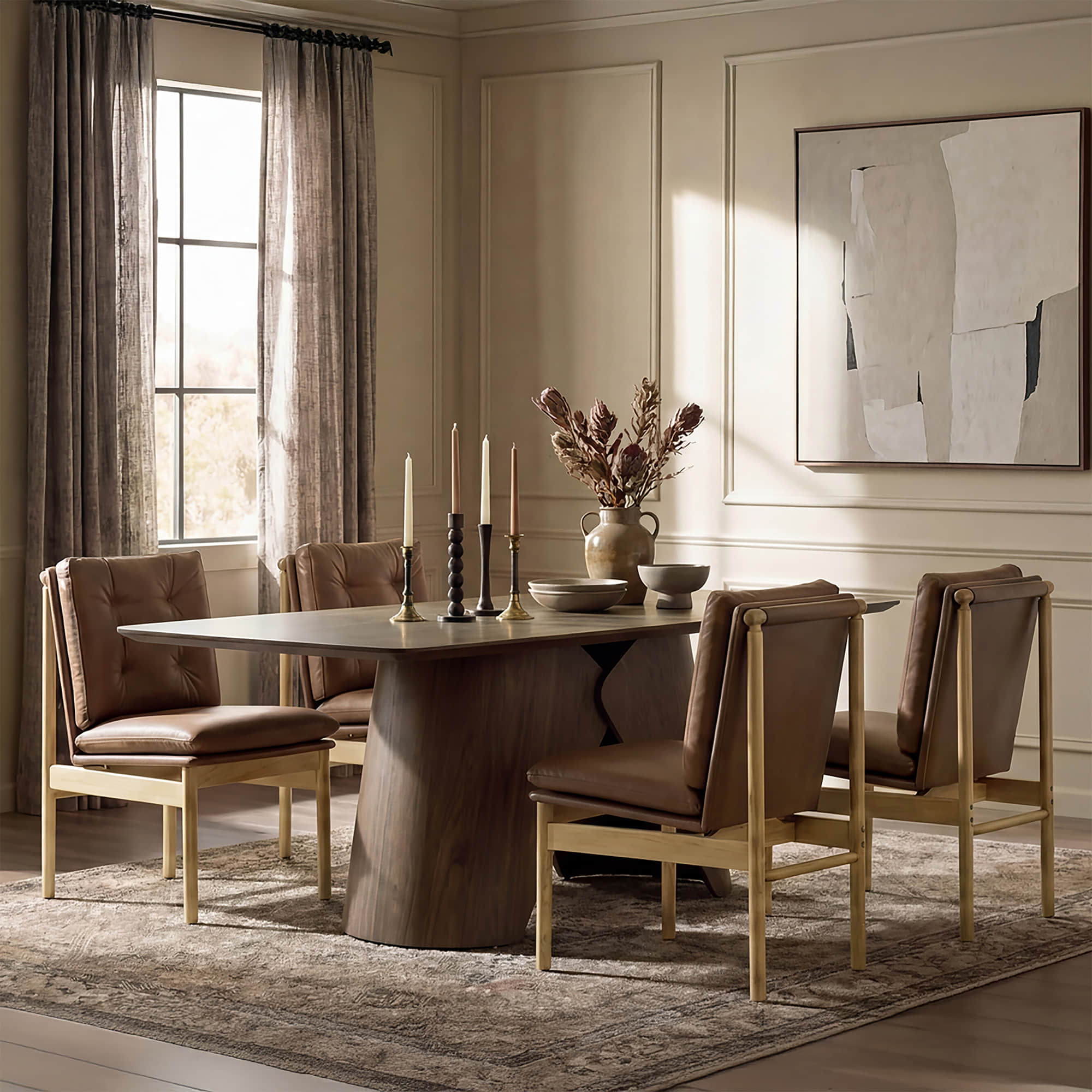 Dining Table Set with Sculptural Wood Base, 70.9" Length