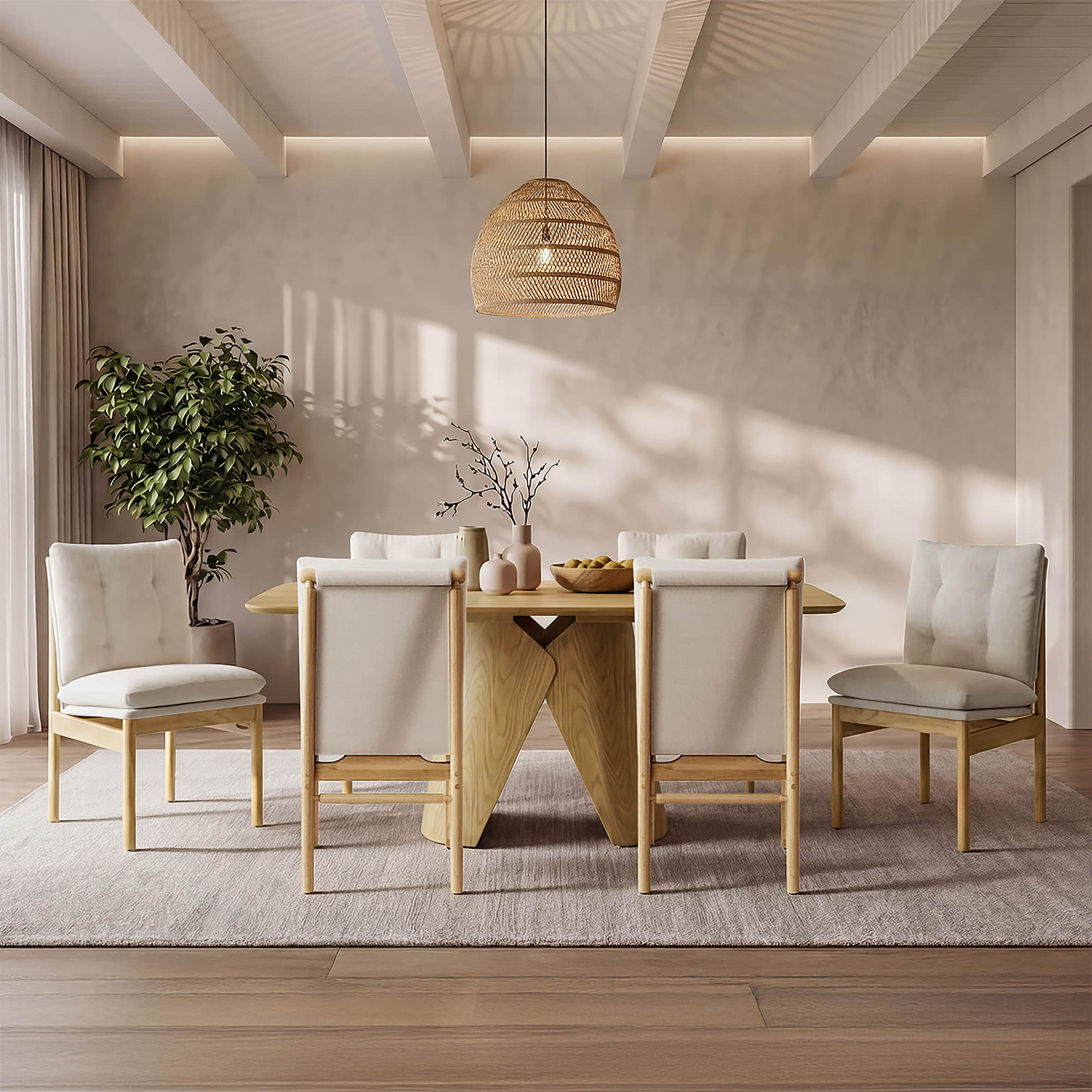 Dining Table Set with Sculptural Wood Base, 70.9" Length