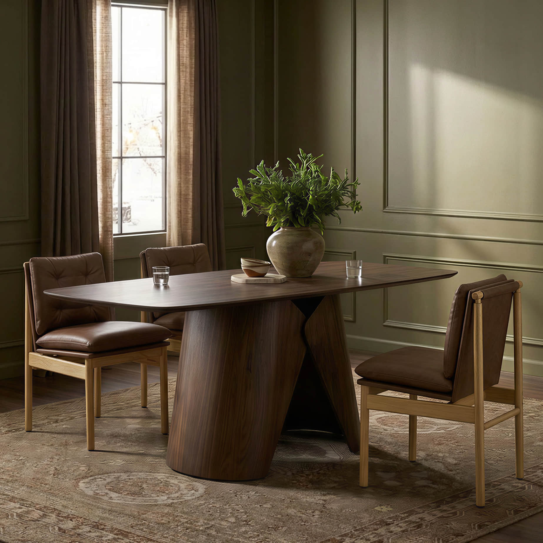 Dining Table with Sculptural Wood Base and Round Top