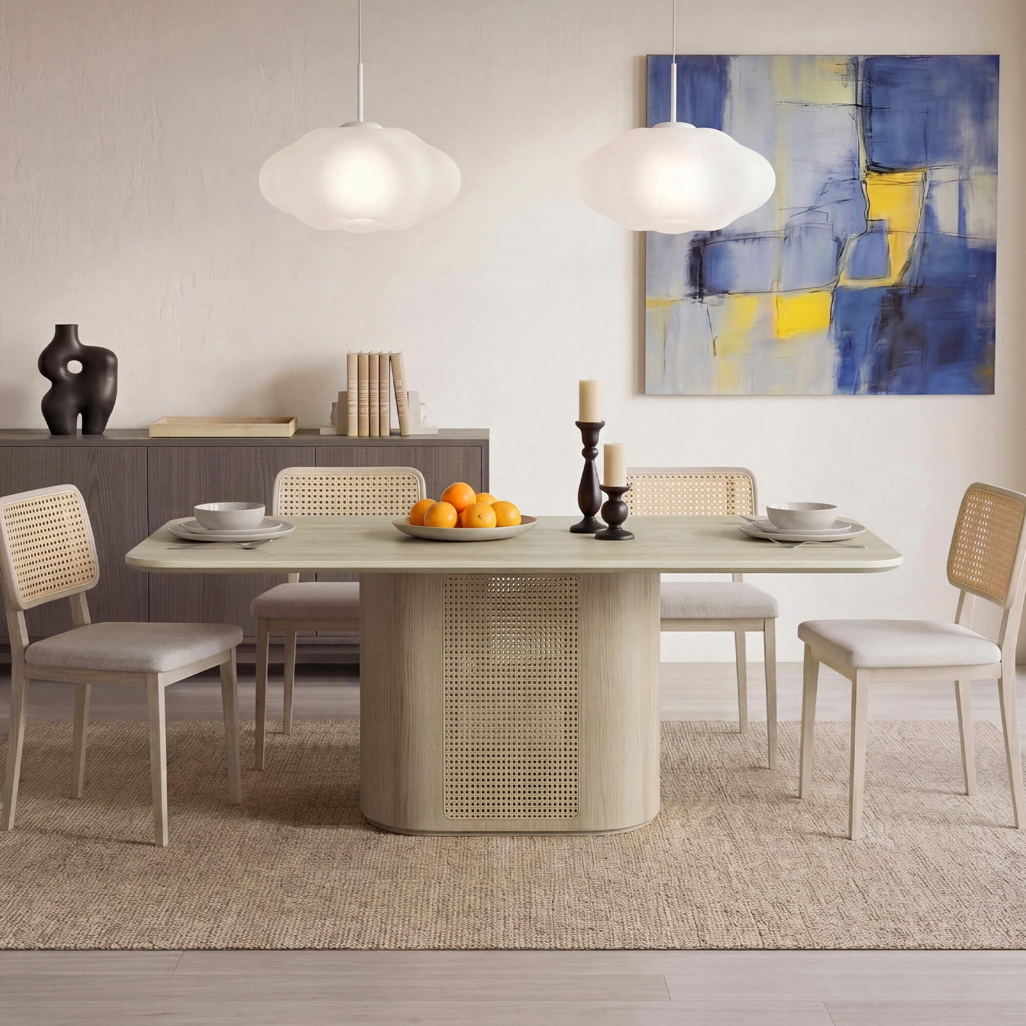 Dining Table with Travertine Top and Rattan Frame