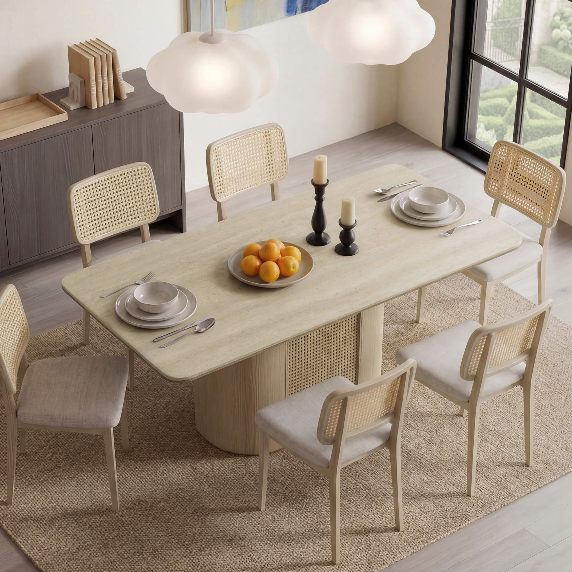 Dining Table with Travertine Top and Rattan Frame