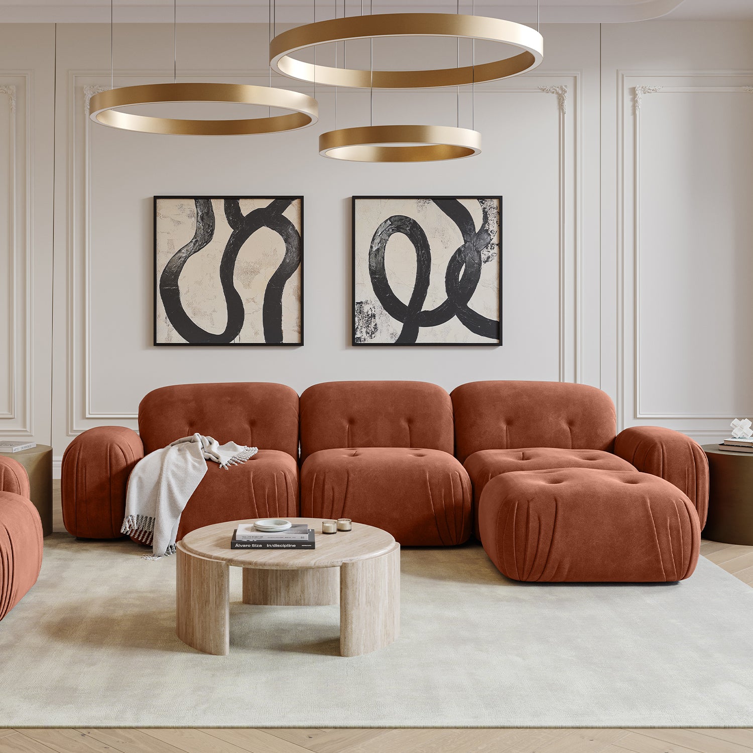 Sectional Sofa in Terracotta Velvet with Modern Design