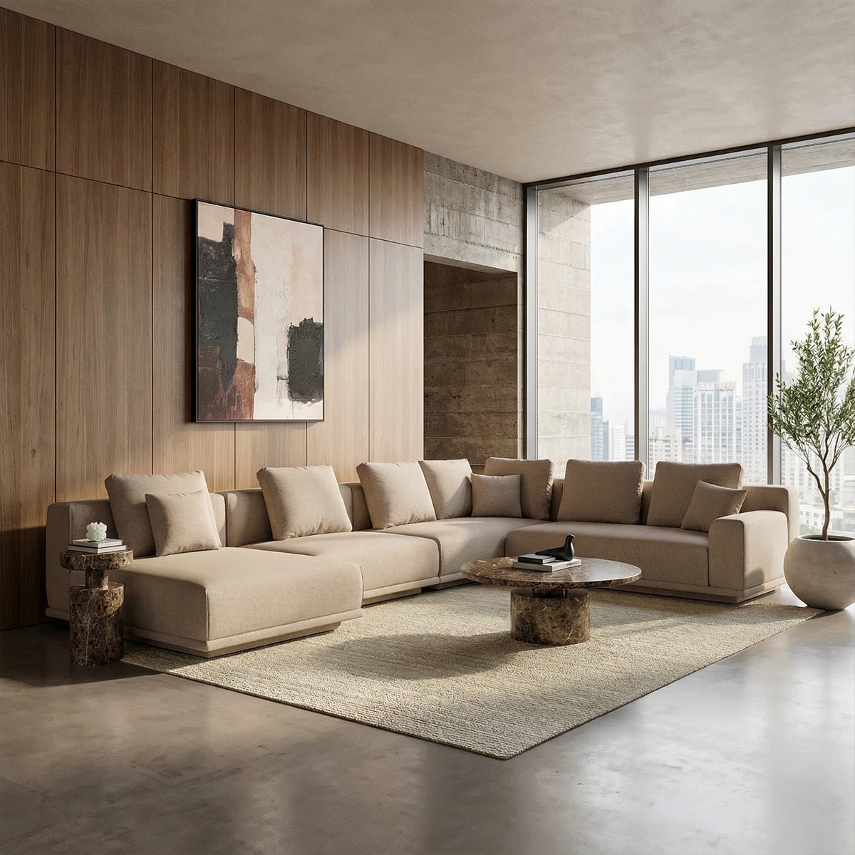 Sectional Sofa in Beige with L-Shaped Design