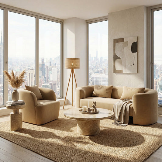 Lounge Chair in Camel Velvet with Curved Back Design
