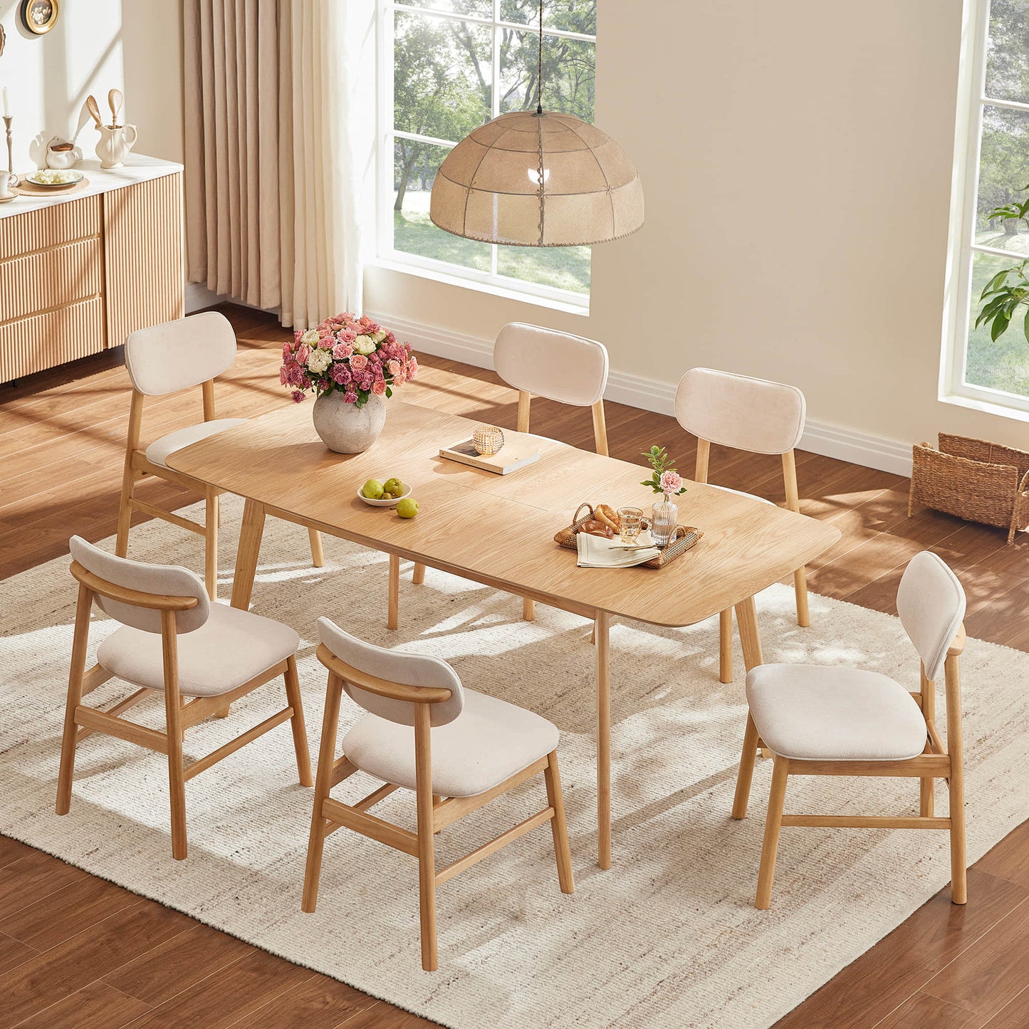 Extendable Wooden Dining Table Set with Six Chairs