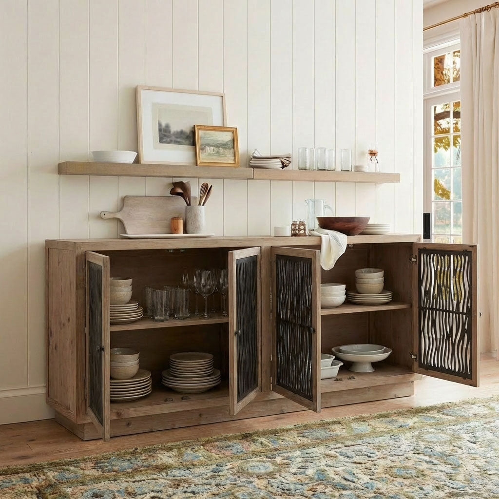 Farmhouse Fir Sideboard with 71'' Width and Display Shelves