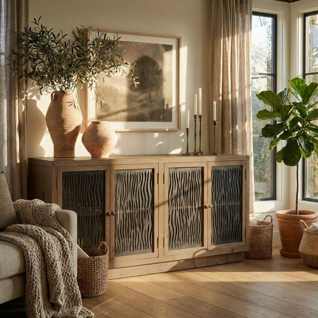 Farmhouse Fir Sideboard with 71'' Width and Display Shelves