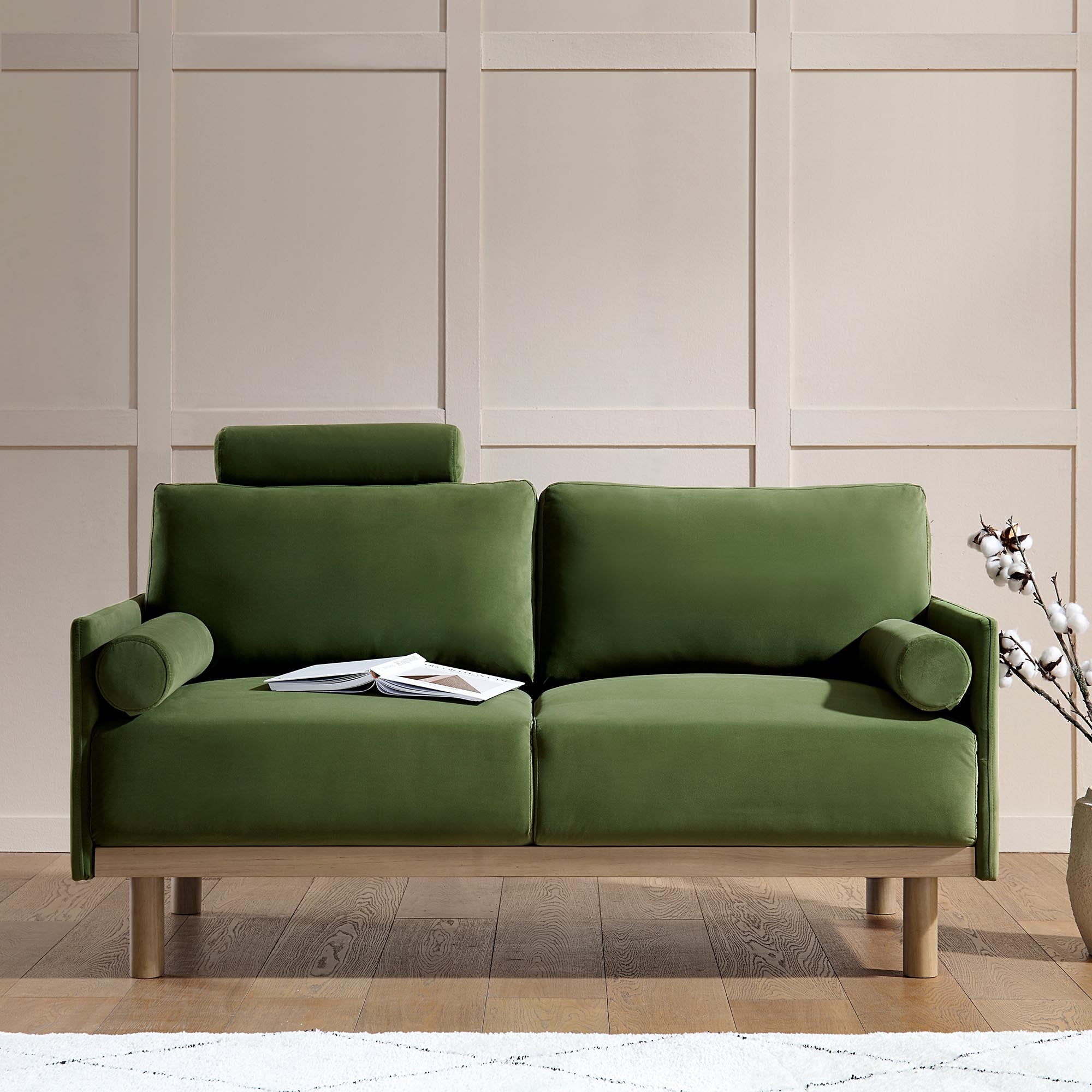 Fern Green Velvet 2-Seater Sofa with Timber Legs