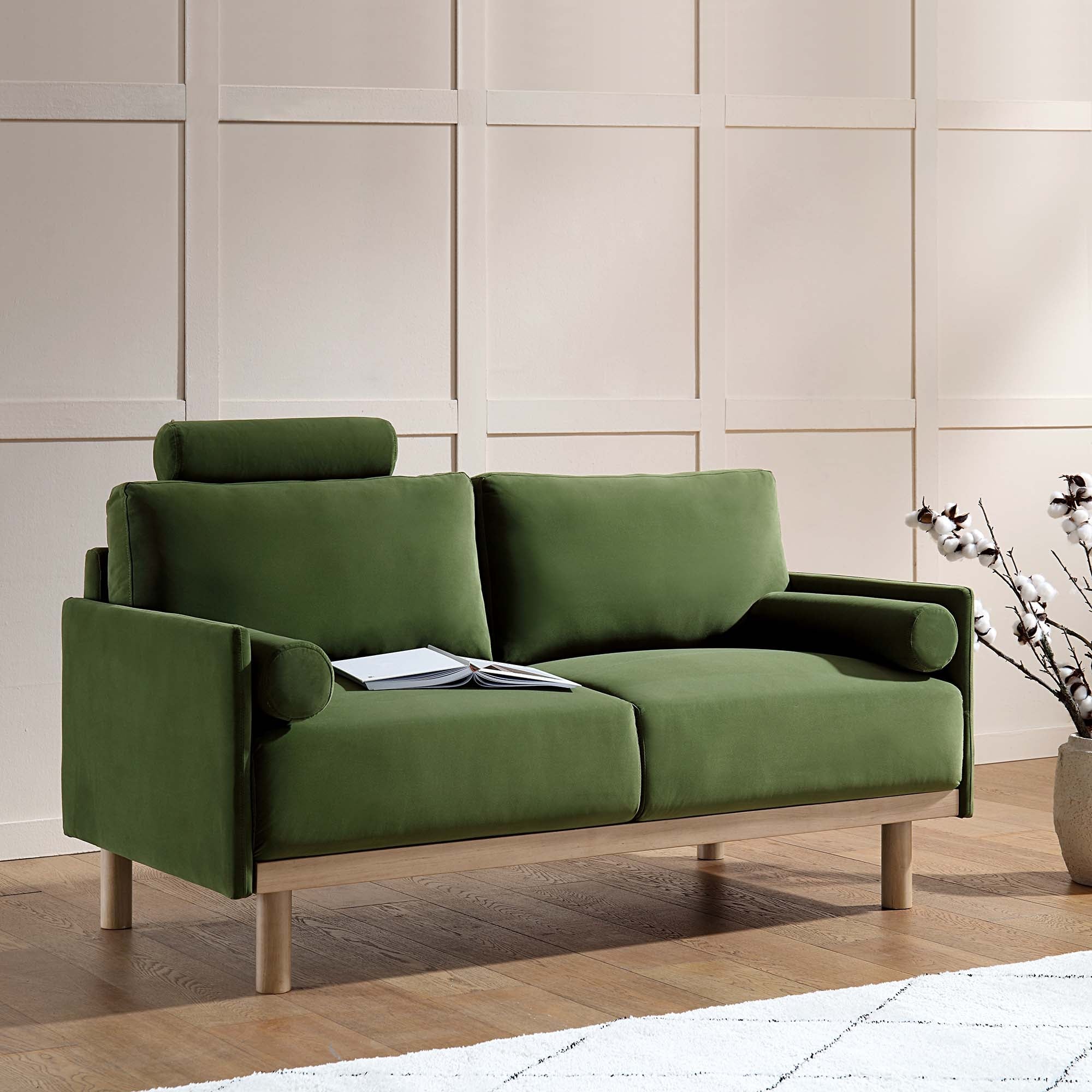 Fern Green Velvet 2-Seater Sofa with Timber Legs