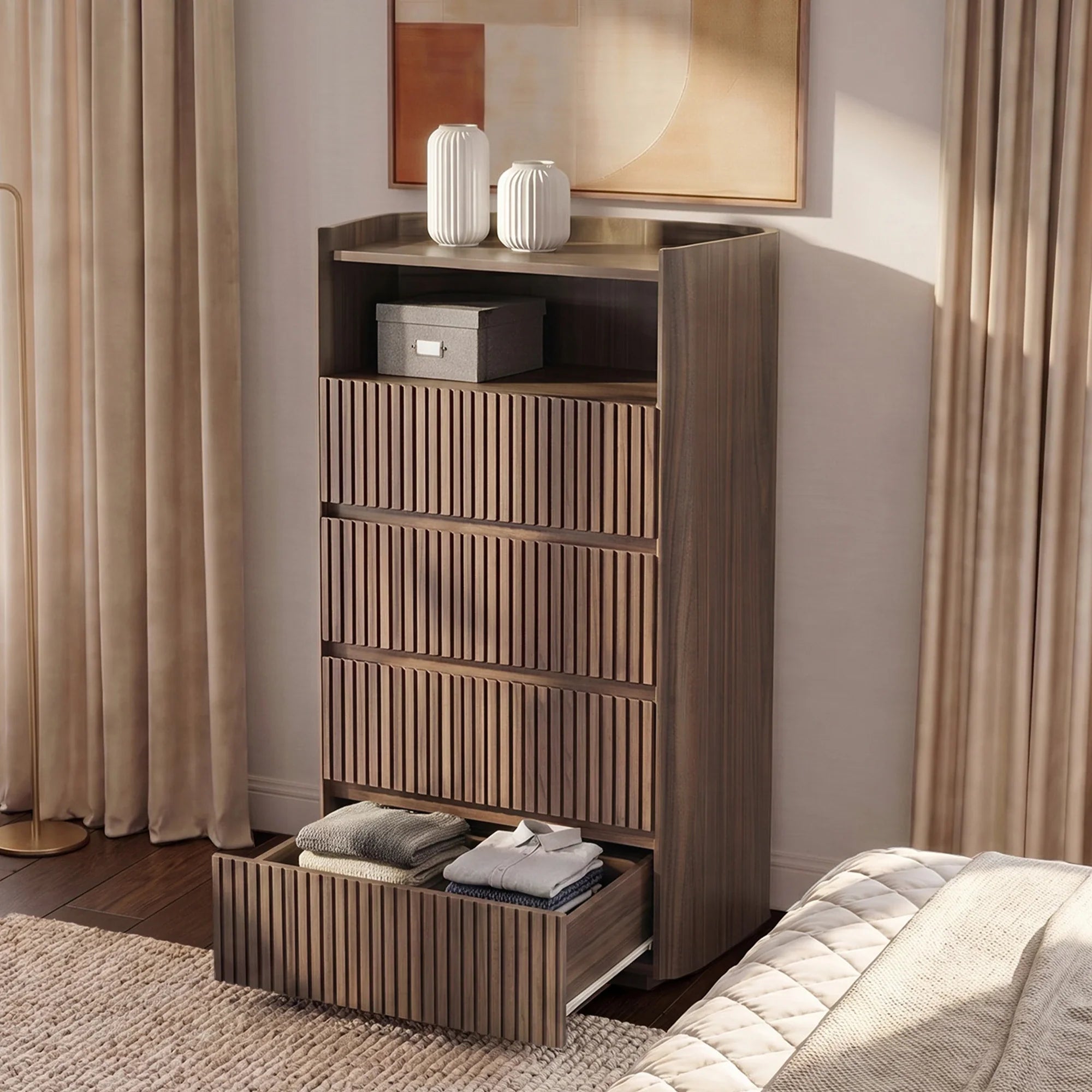 Fluted Dresser in Coral Oak with 4 Drawers