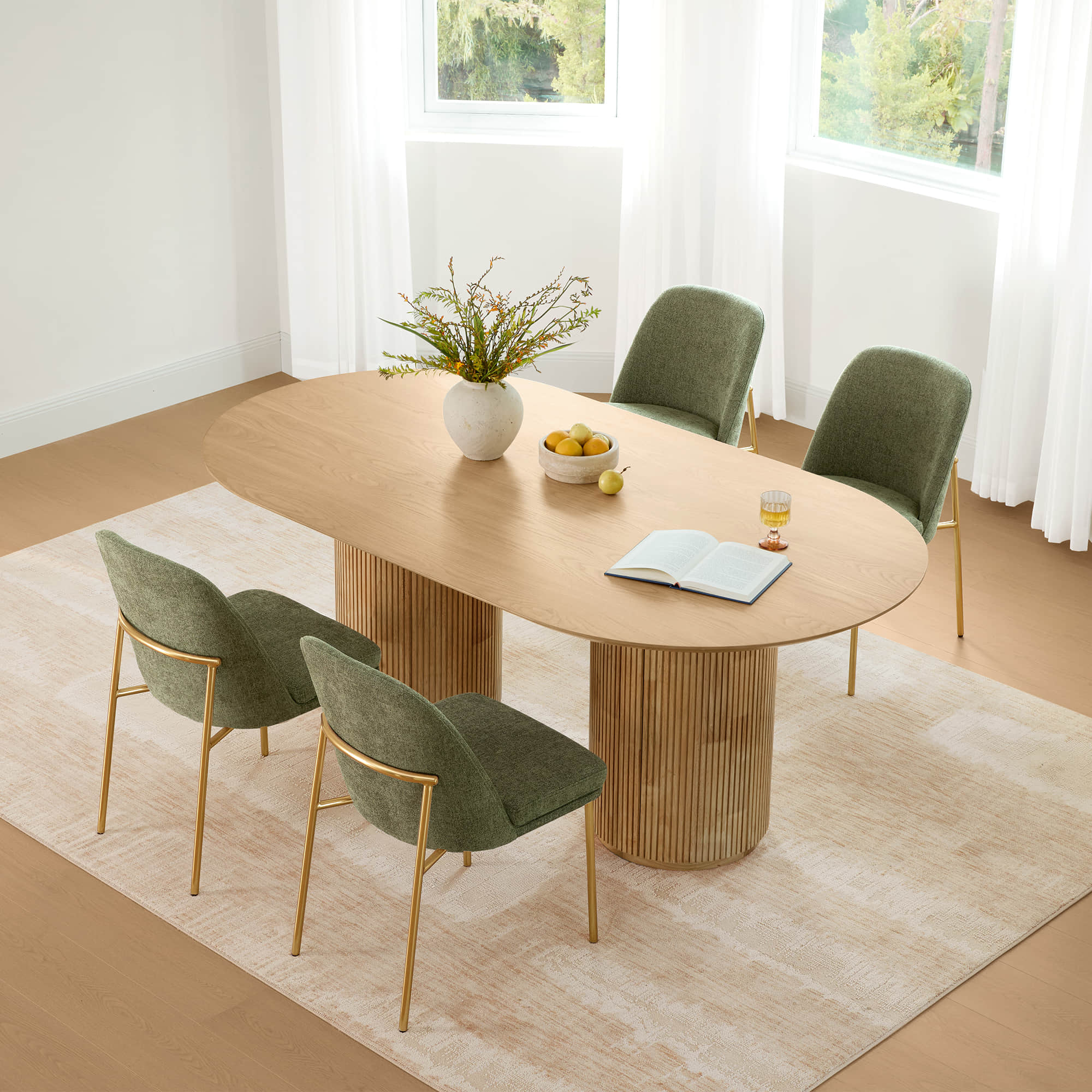 Fluted Oval Wood Dining Table in Coral Finish