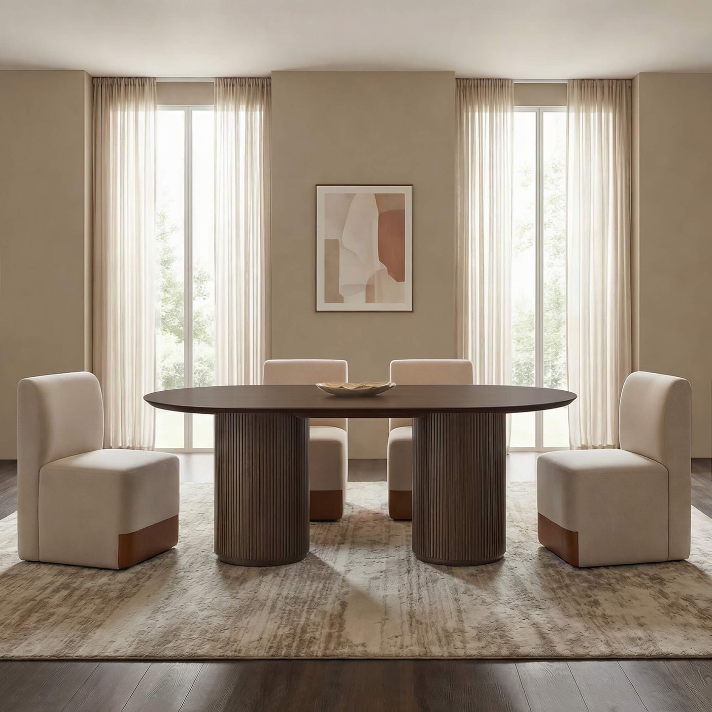 Fluted Oval Wood Dining Table in Coral Finish