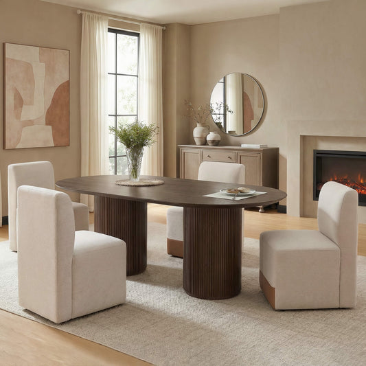 Fluted Oval Wood Dining Table in Coral Finish