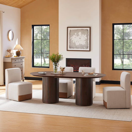 Fluted Oval Wood Dining Table in Coral Finish