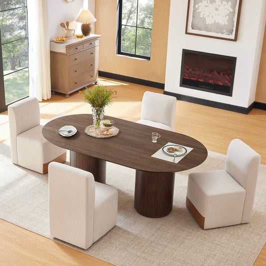 Fluted Oval Wood Dining Table in Coral Finish