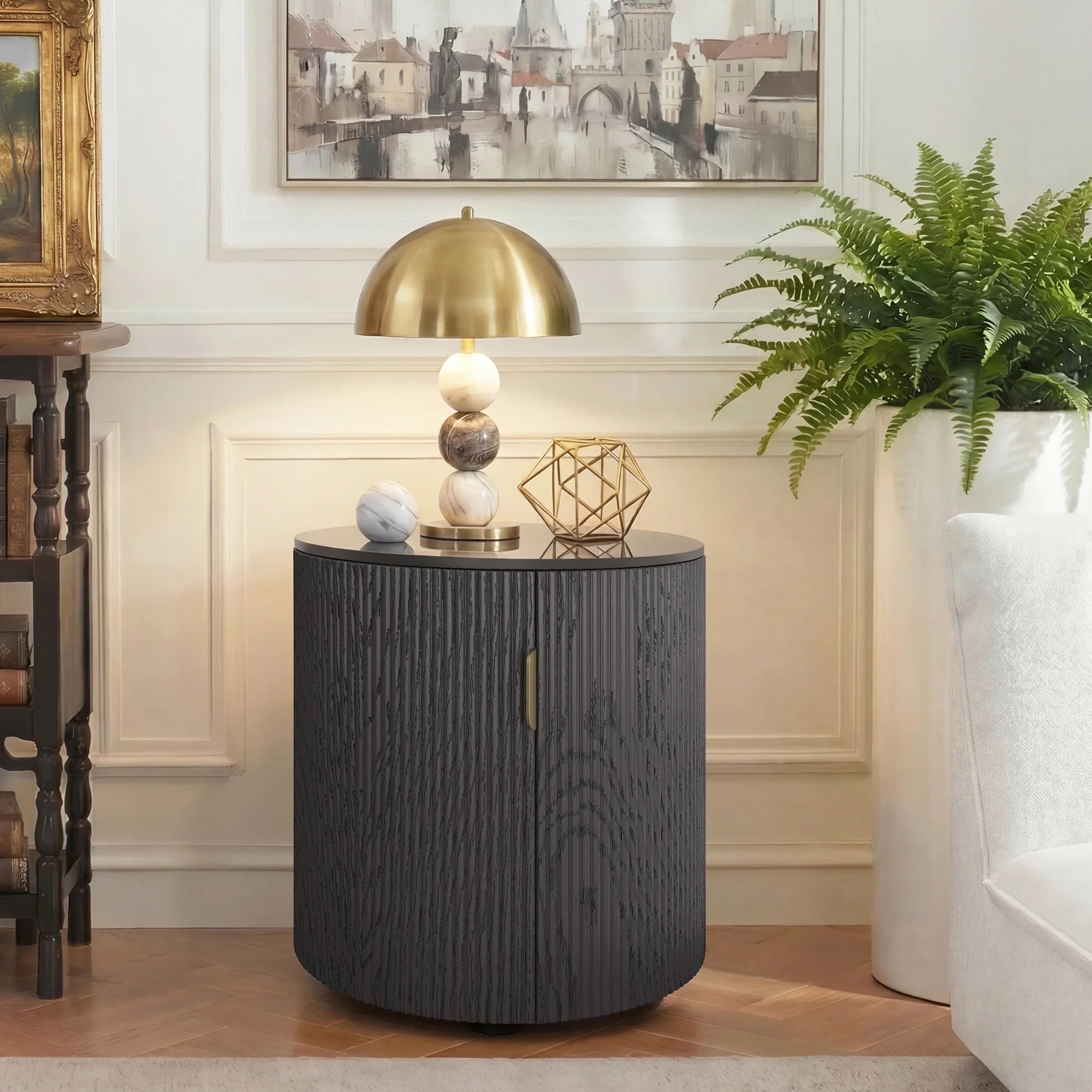 Fluted Round Side Table with Storage Compartment