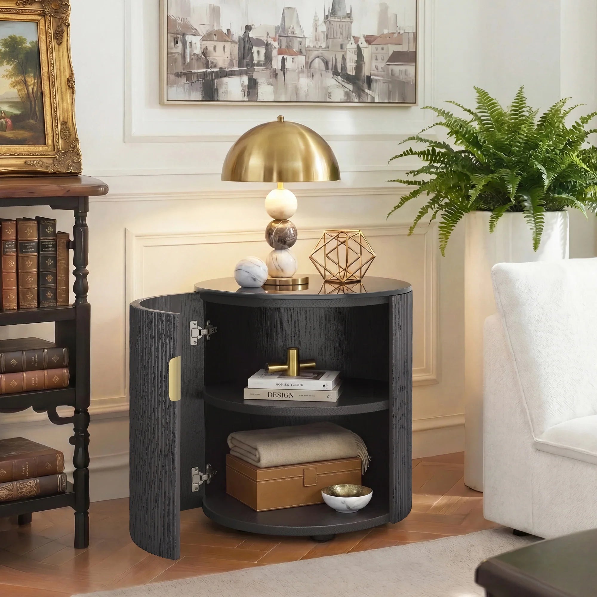 Fluted Round Side Table with Storage Compartment