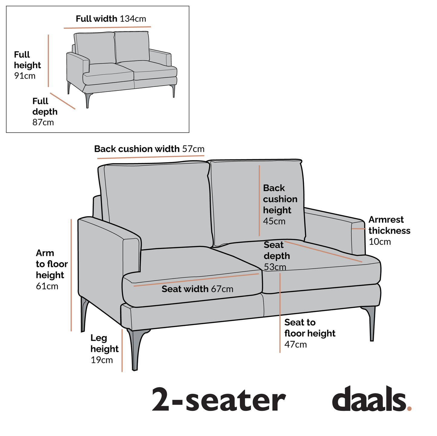 Grey Fabric 2-Seater Sofa with Clean Lines