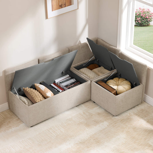 L-Shaped Minimalist Dining Banquette with Hidden Storage