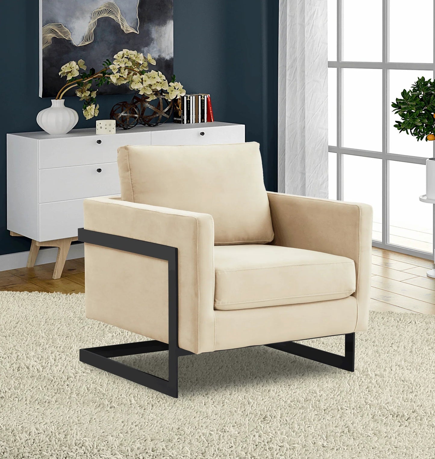 Upholstered Accent Armchair with Gold and Black Metal Frame