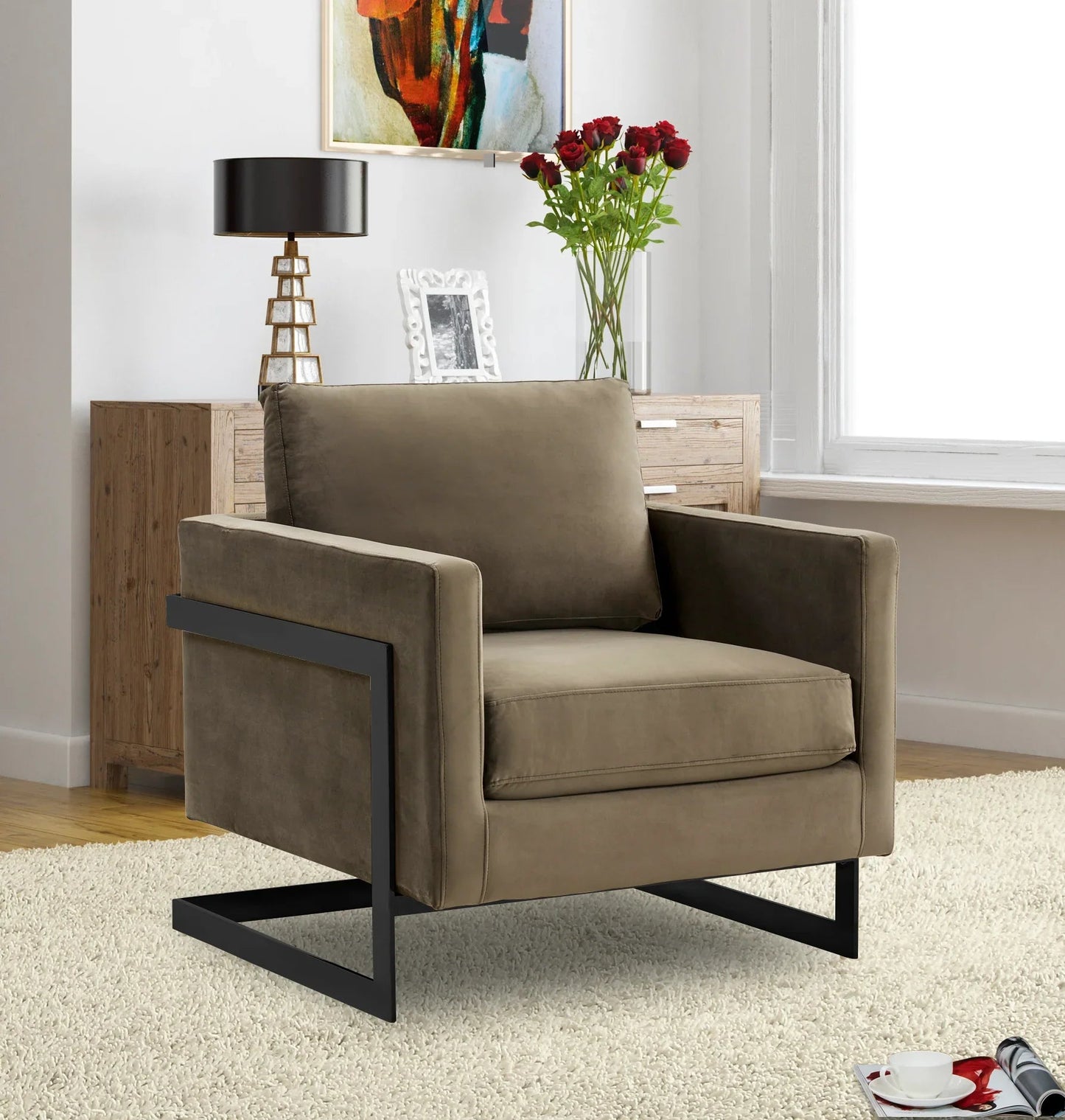 Upholstered Accent Armchair with Gold and Black Metal Frame