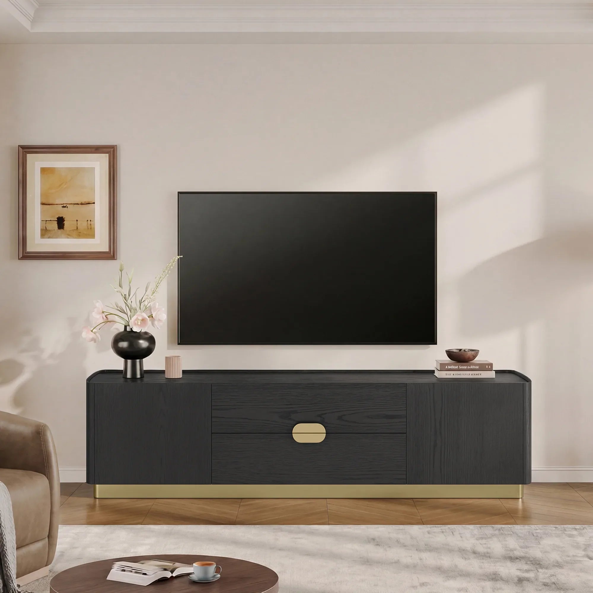 Large Media Console with Metal Handles and 79-Inch Width