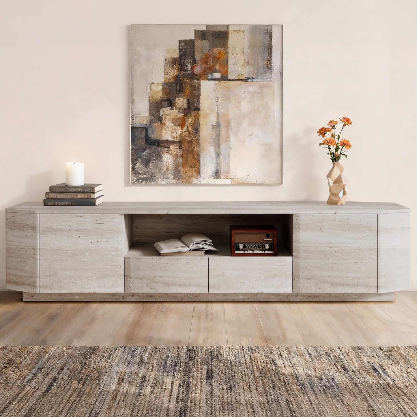 Large Travertine TV Console with Modern Design