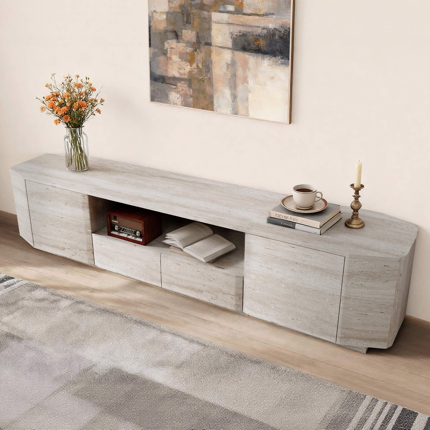Large Travertine TV Console with Modern Design